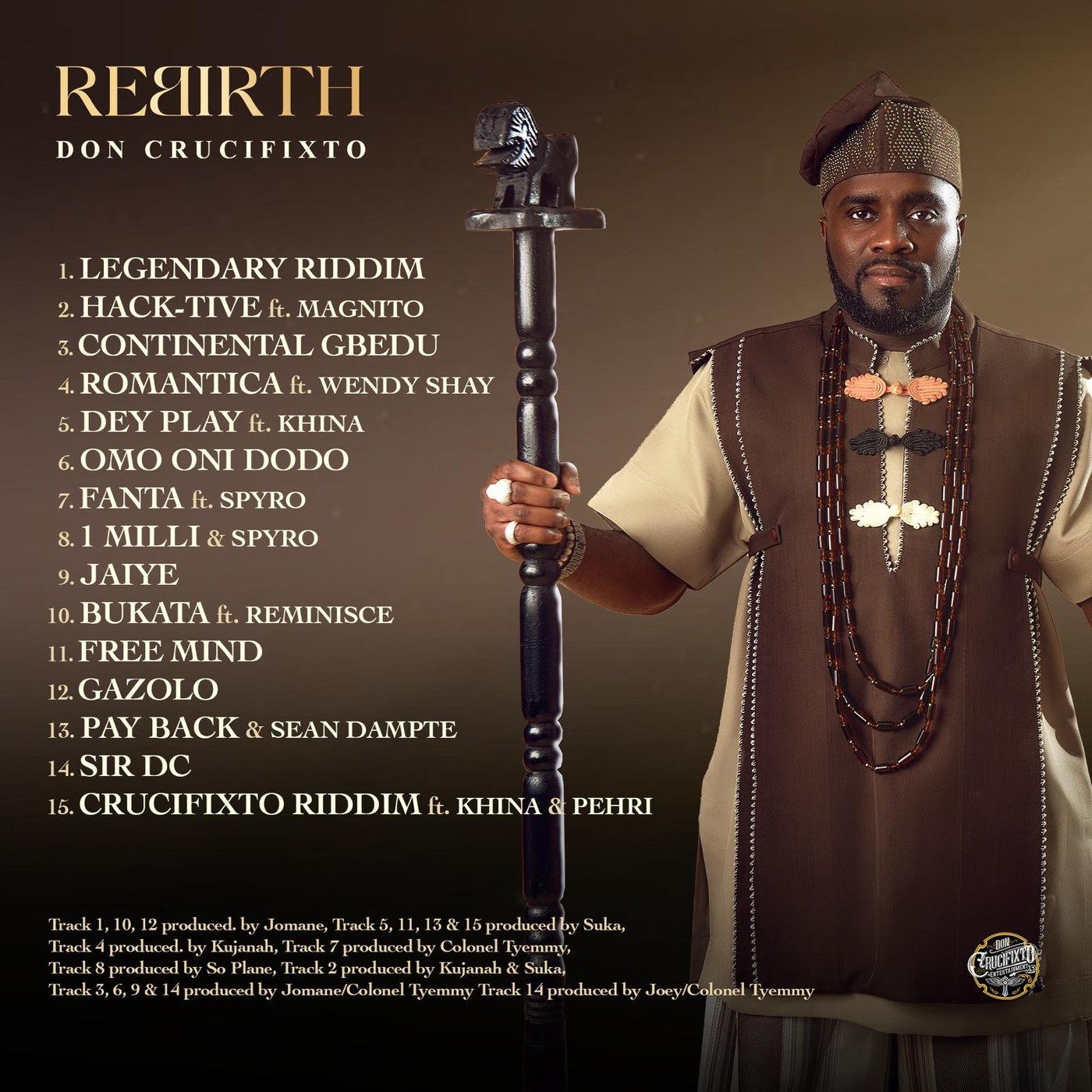 REBIRTH back cover — Don Crucifixto in agbada holding a carved staff, with the fifteen-track list