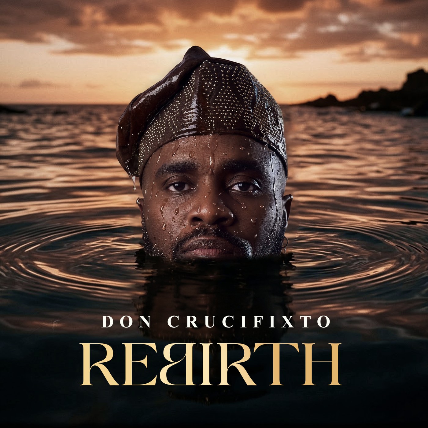 REBIRTH album cover — Don Crucifixto rising from the water at sunset in a studded fila